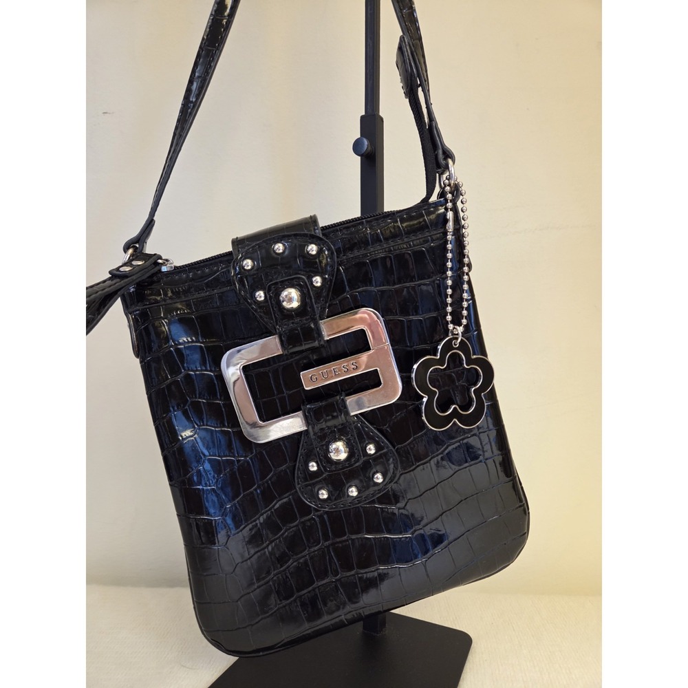 Vintage Y2K Guess Western Croc Big G Silver Studded Patent Black Crossbody Purse